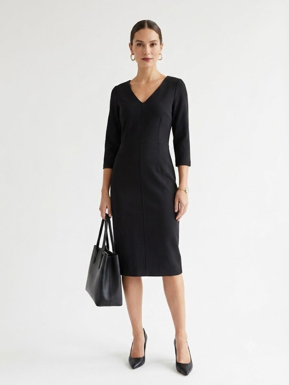 Boden Ottoman Knit Sheath Dress Black V-Neck Belted Size 10 J0570